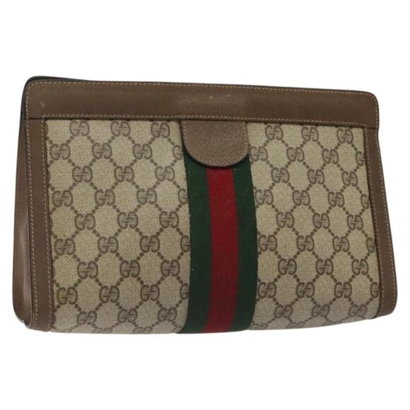 GUCCI GG Supreme Web Sherry Line Clutch Bag PVC Beige Red - Picture 1 of 16